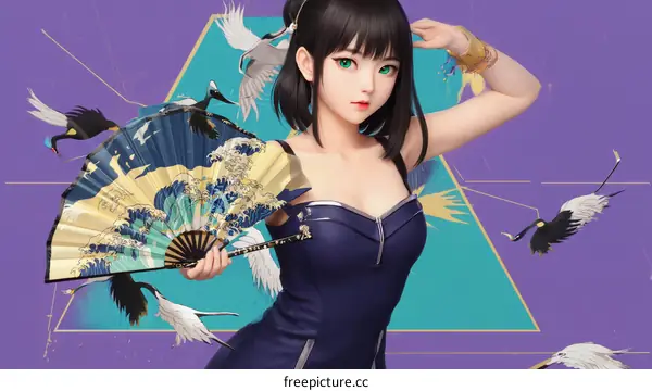 Asian Girl with Traditional Fan and Cranes
