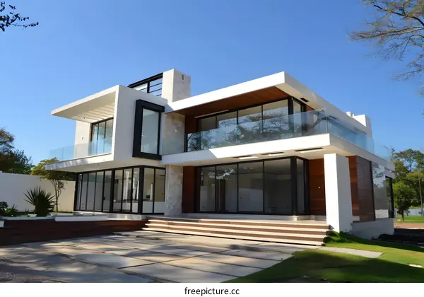 Modern White House with Large Windows and Glass Railings