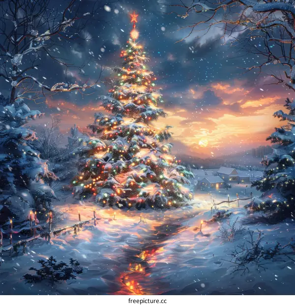 A beautiful Christmas tree stands in a snowy forest at night.