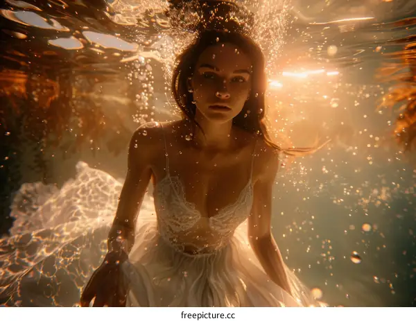 Portrait of a woman in a white dress swimming underwater