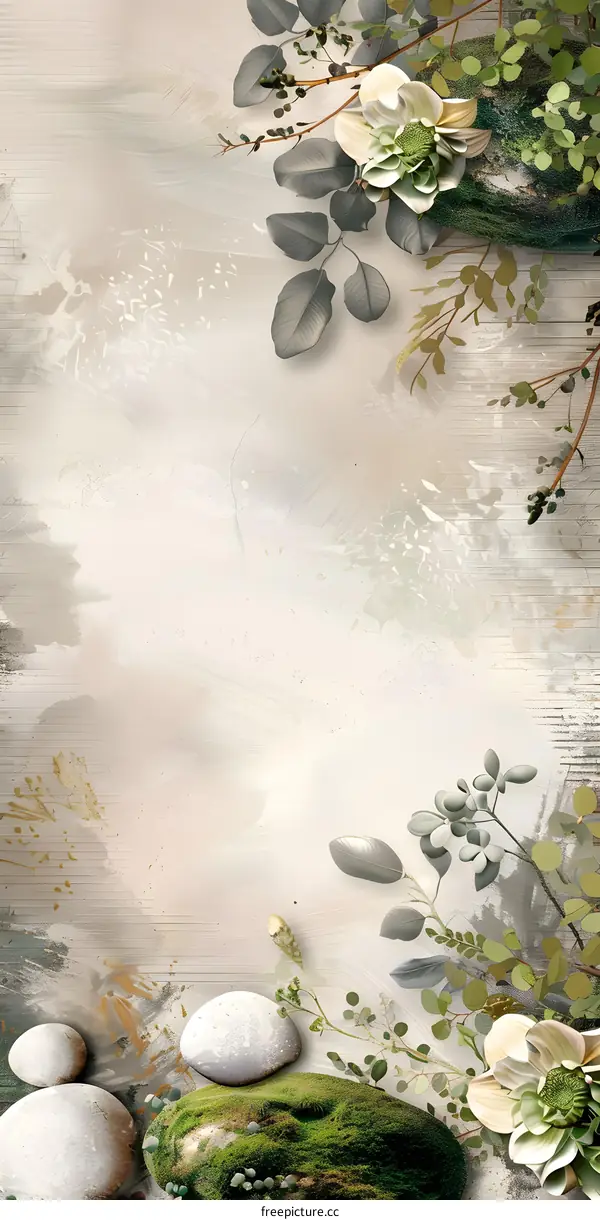 Abstract Watercolor Painting with Greenery and White Flowers