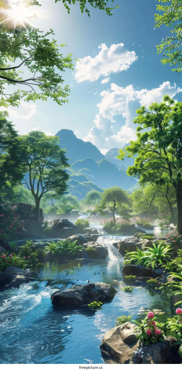 Majestic Landscape with Serene River, Towering Mountains, and Verdant Forest