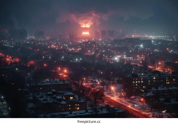 Cityscape of a large urban area with a large fire in the distance