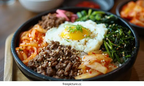 Korean food bibimbap with egg, beef, kimchi and vegetables