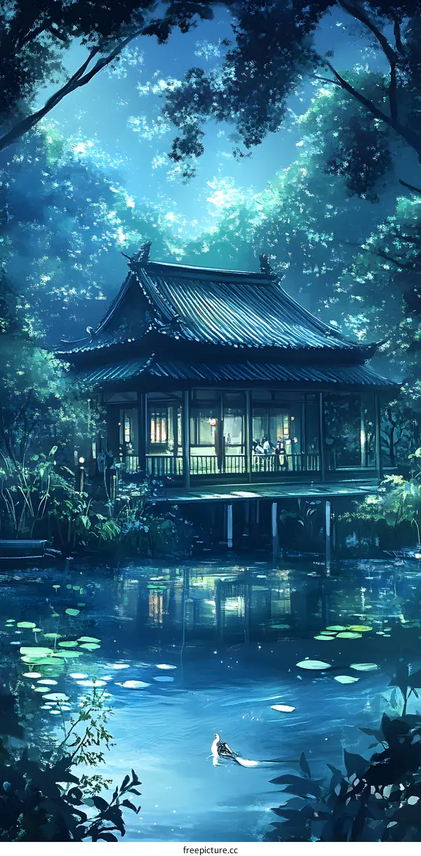 Tranquil Night Scene with Chinese Pavilion and a Lake