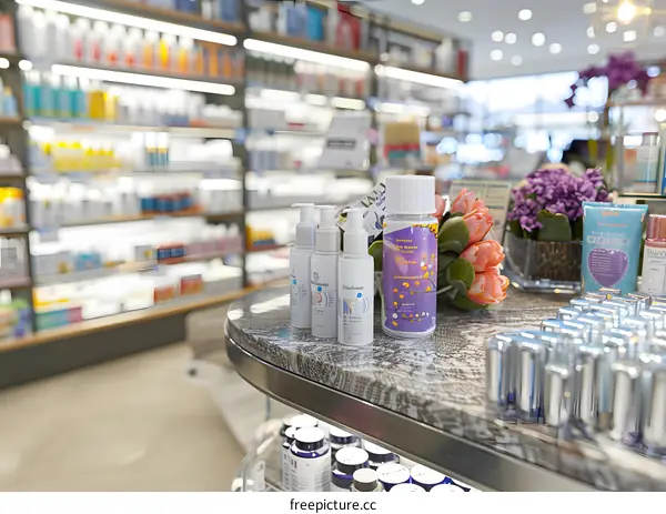 Bottles Of Skincare Products On A Counter In A Pharmacy