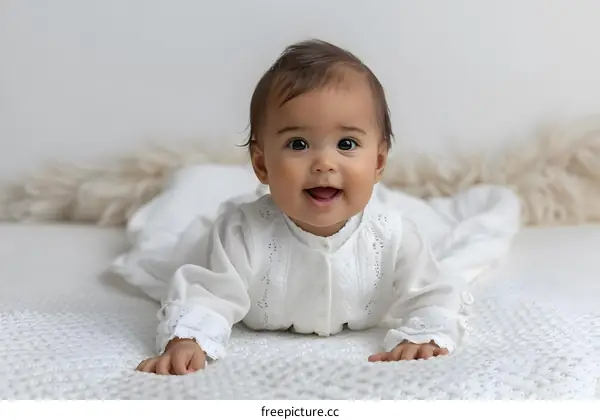 An adorable baby girl wearing a white dress is lying on a white blanket and smiling at the camera