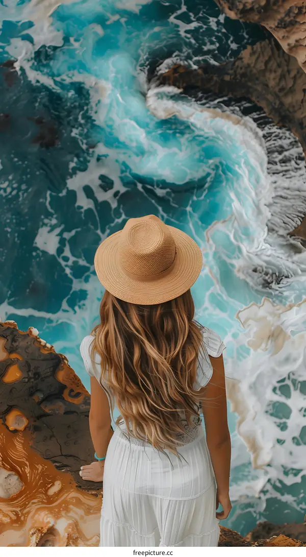 Woman in White Dress and Hat Looking at Ocean
