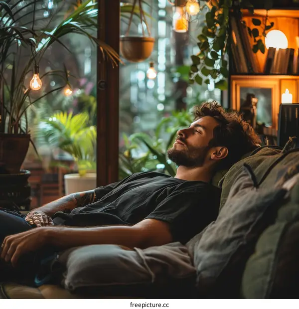 Bearded man napping on a couch in a sunroom