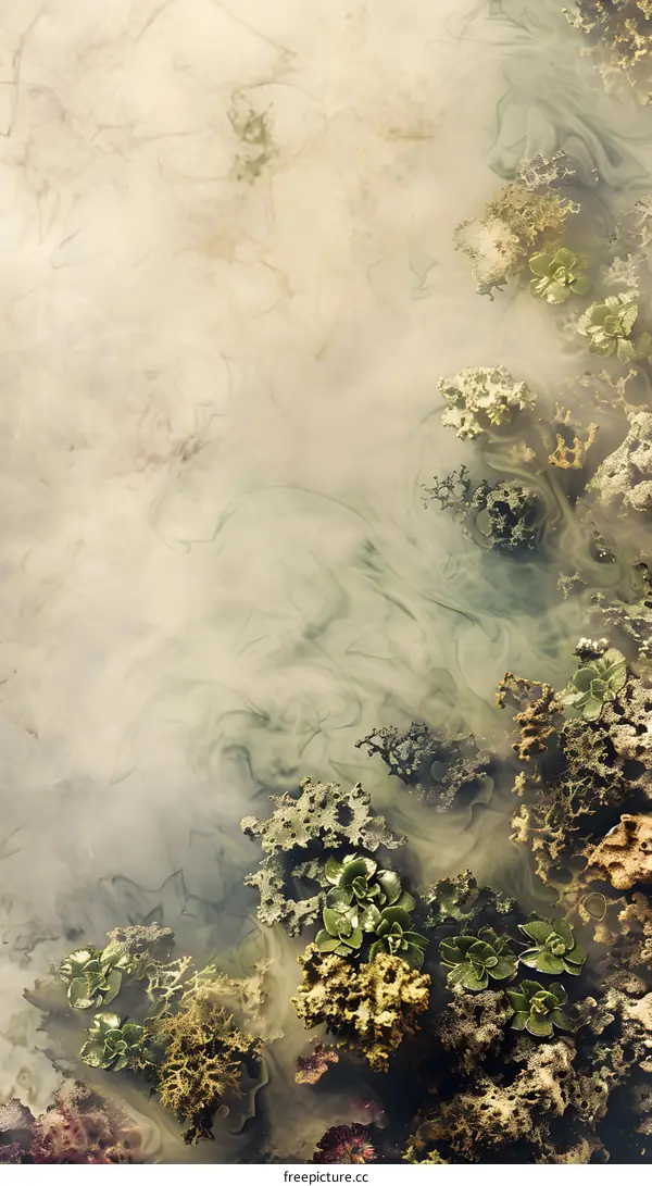 Abstract Green and Beige Swirls with Plant Life