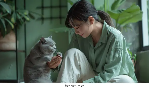 A woman is sitting on the floor with a gray cat.