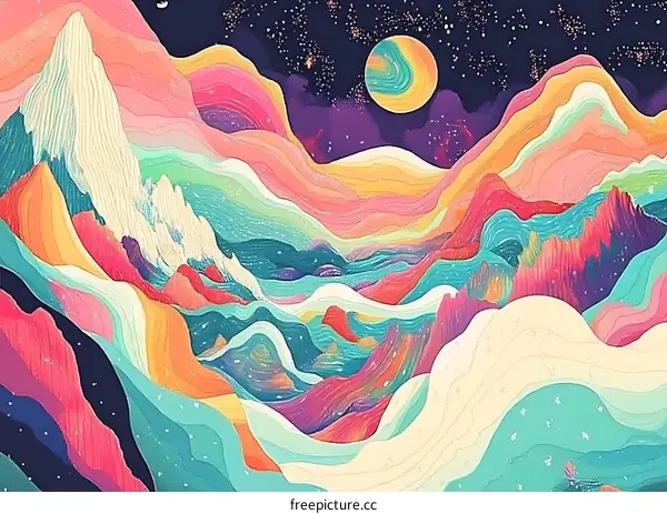 Abstract Colorful Mountain Landscape with Stars and Moon