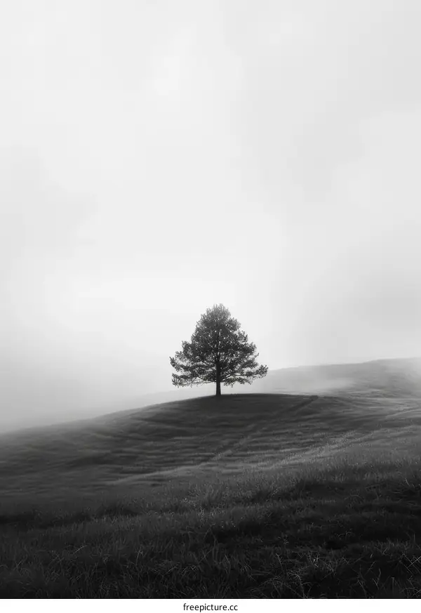 Lonely Tree on a Hilltop in the Fog