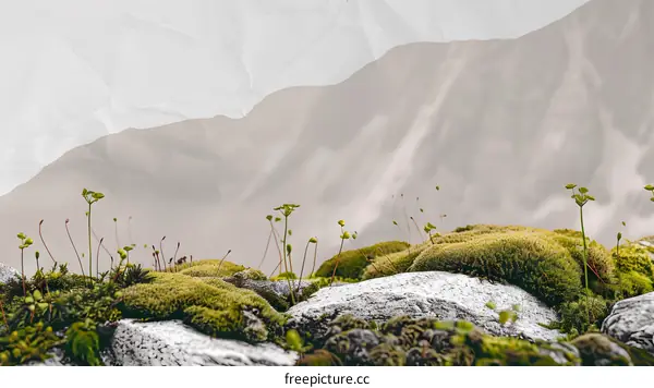 Green Moss Growing On A Rocky Mountain