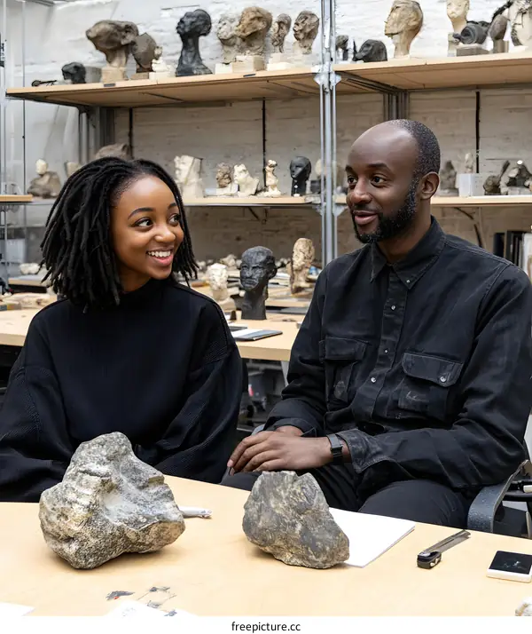 Two African American People Sitting at a Table with Sculptures