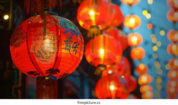 Red paper lanterns with Chinese calligraphy hanging in a temple during a festival