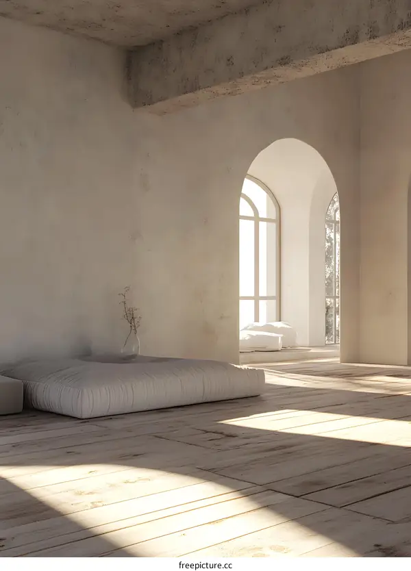 Minimalist Interior Design with Arched Windows and Wooden Floor