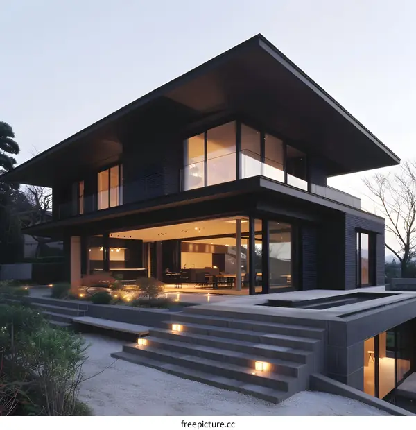Modern Black House with Outdoor Patio and Steps