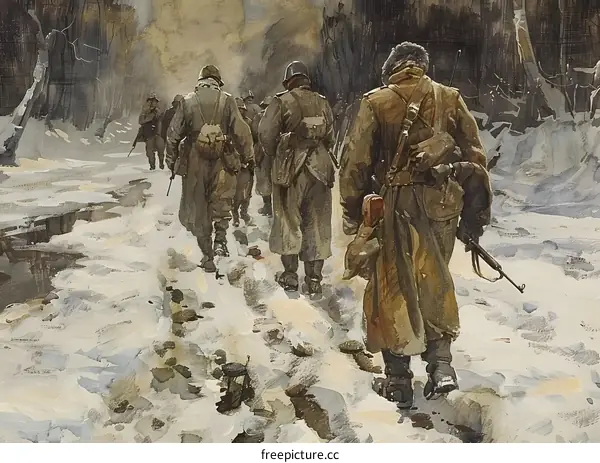 A group of soldiers trudging through the snow in winter