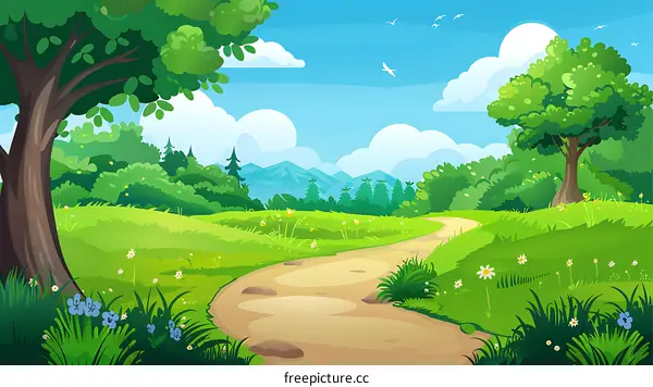 Green Landscape Illustration With Winding Path