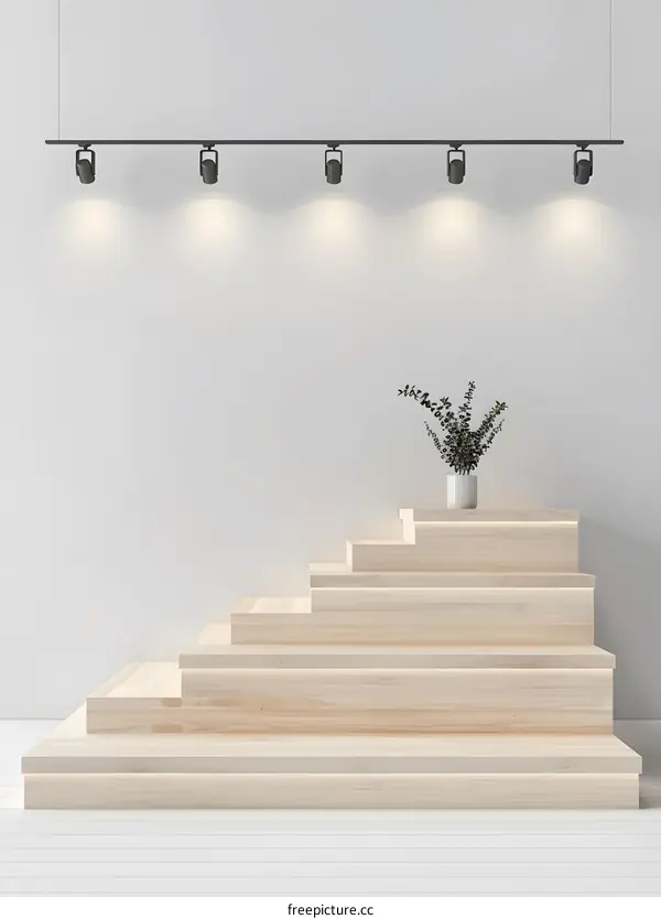 Wooden Steps with White Wall and Track Lights Minimalist Interior Design