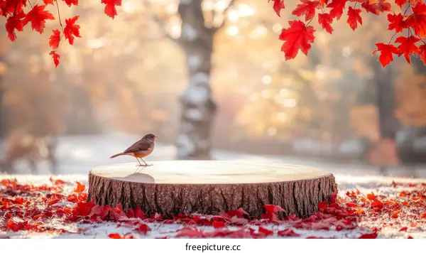 Autumn Scene with Bird on Tree Stump