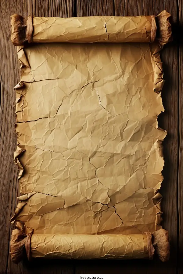 aged paper scroll with cracked surface and wooden background