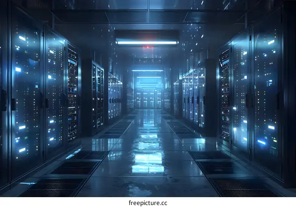 Futuristic server room with supercomputers