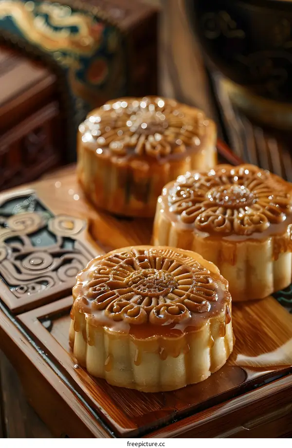Three Chinese Moon Cakes on a Wooden Tray