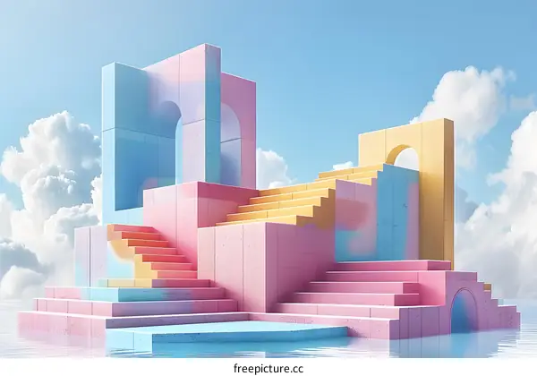 A surreal image of a structure with stairs and arches in a blue sky with clouds.