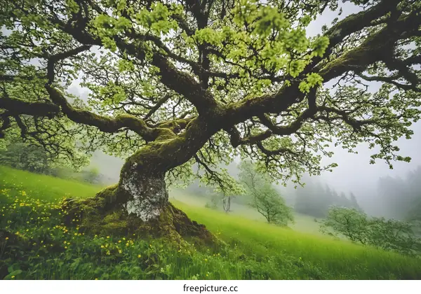 Large Tree in a Foggy Meadow