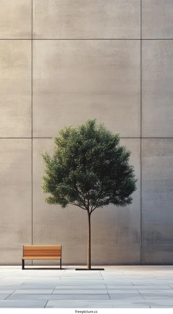 Urban Concrete Wall with Tree and Bench