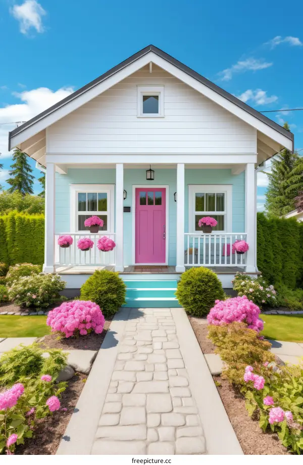 A beautiful small cottage house with a pink door and blue walls