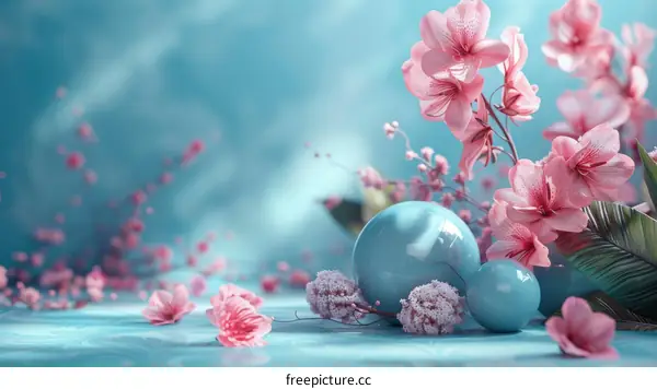 Pink Flowers and Blue Spheres on a Turquoise Background