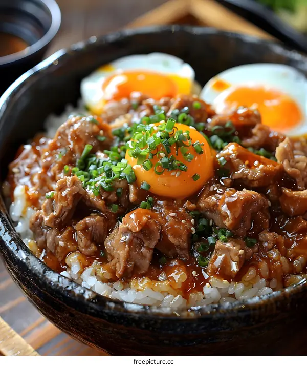 Beef bowl with two poached eggs
