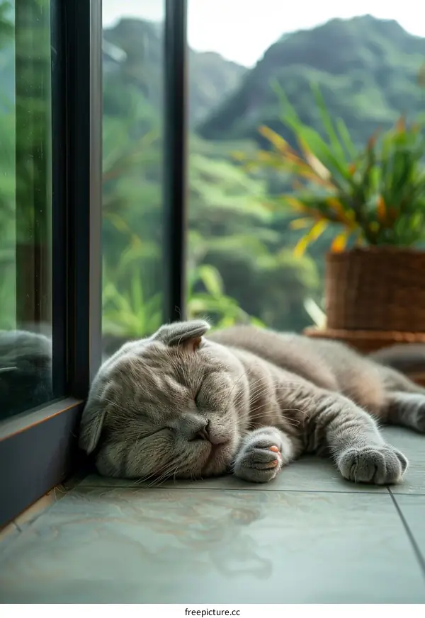 A gray cat is sleeping soundly on the floor next to a potted plant.