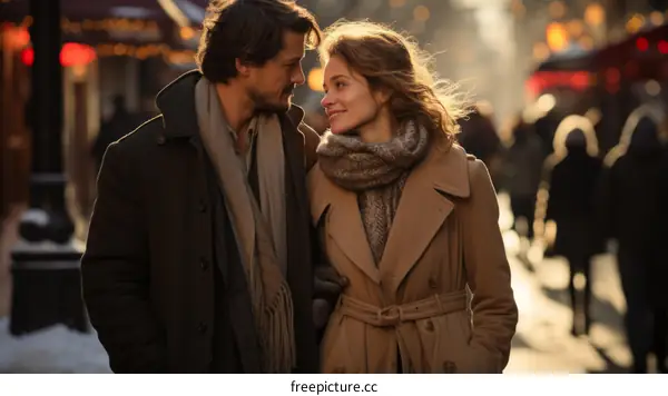 A loving couple is walking down the street enjoying each other's company