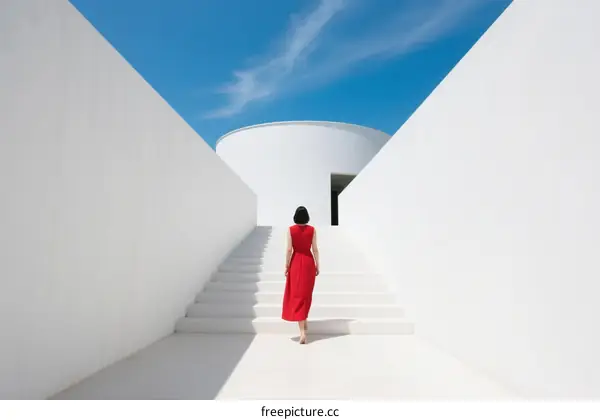 A woman in red dress walking up white stairs under clear blue sky