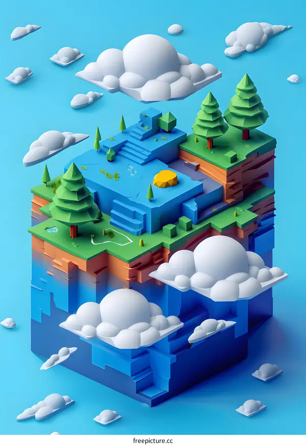 Low Poly 3D Illustration Of A Floating Island With Trees And Clouds