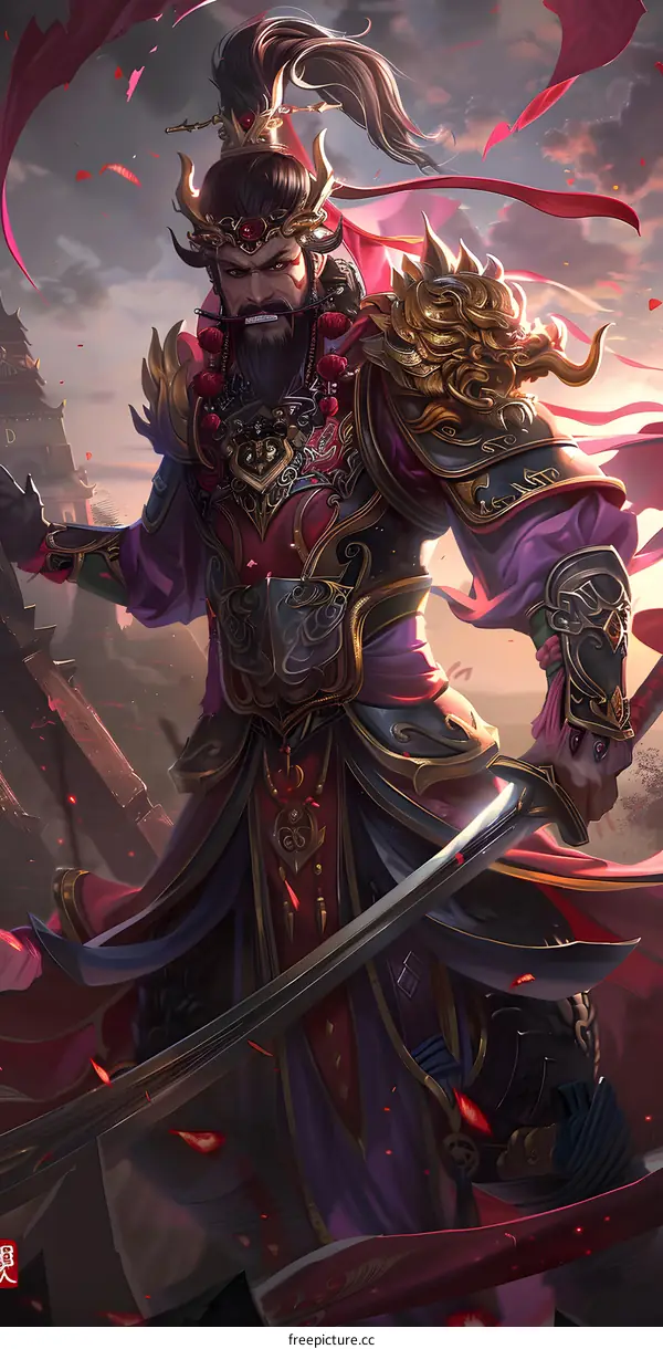 Chinese Warrior Holding a Sword Illustration