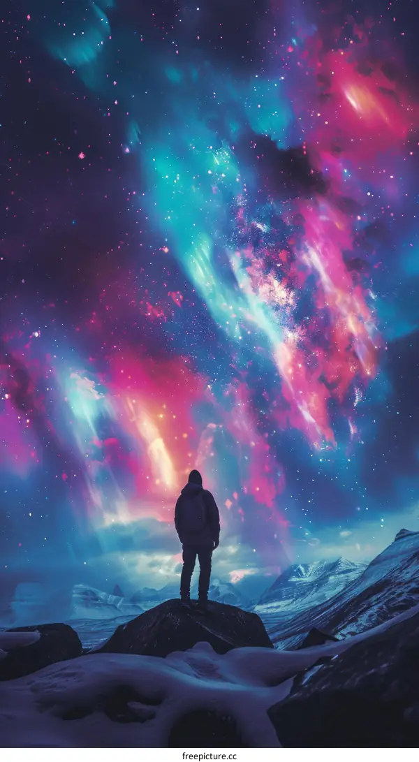 Man looking up at the beautiful aurora borealis in the night sky