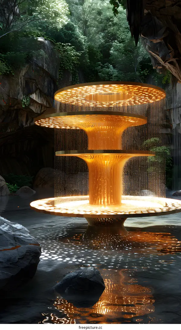Golden Waterfall Sculpture in a Forest