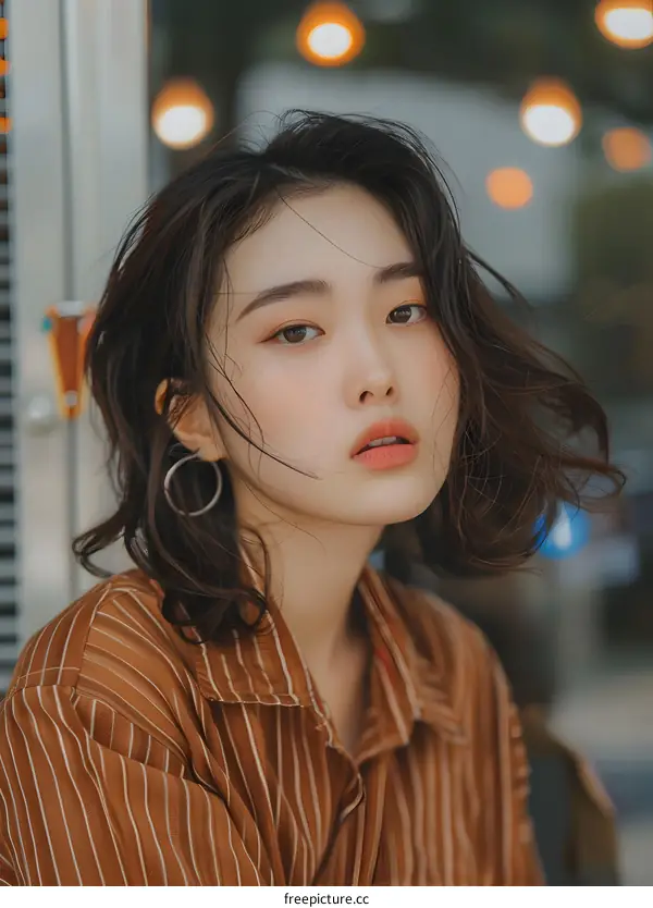 Portrait of a Young Asian Woman in a Striped Shirt