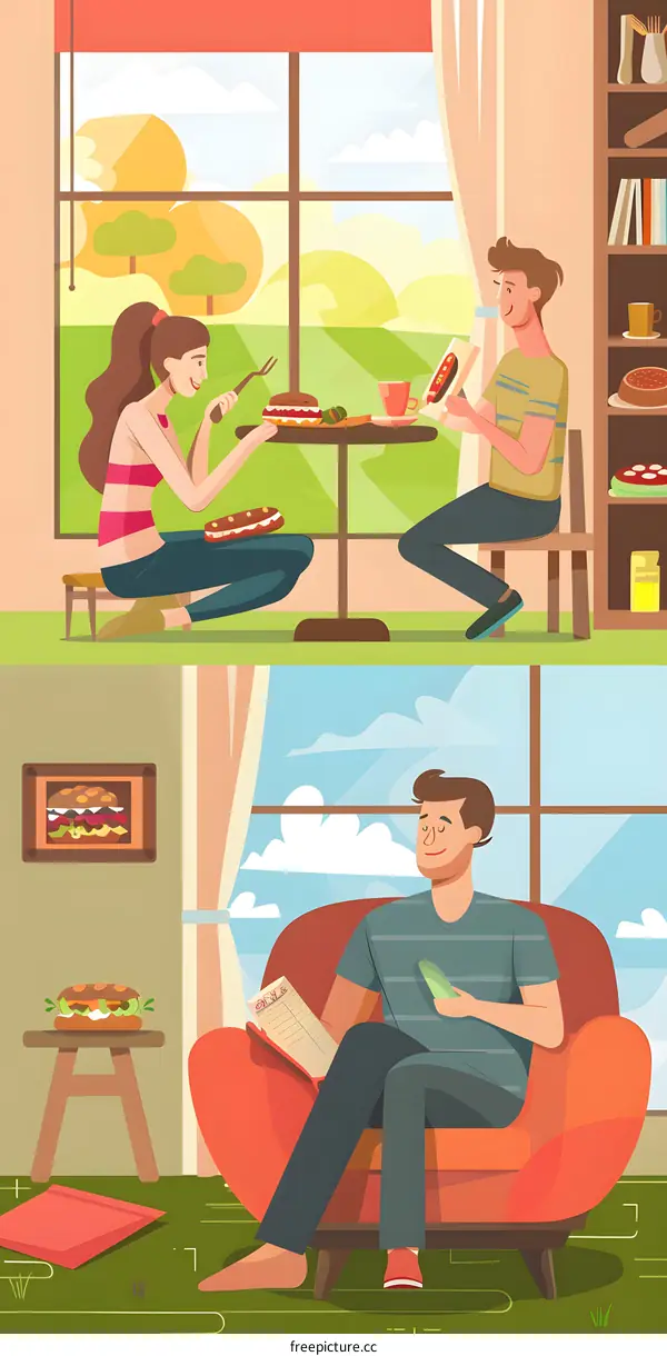 Couple Eating Together and Man Reading Book Illustration