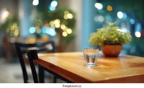 Empty Glass of Water on Wooden Table in Cafe at Night