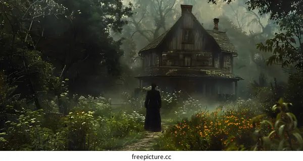 A woman walking towards a mysterious house in the woods