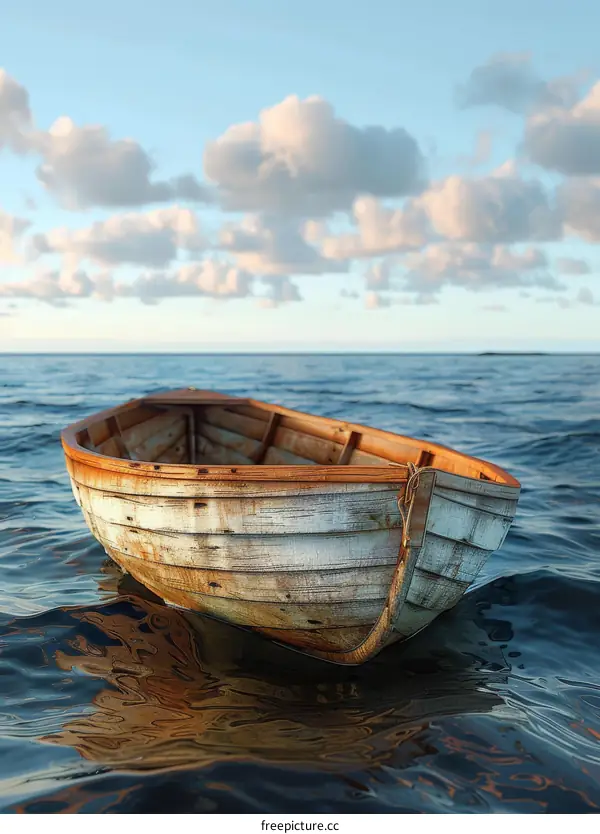 Wooden boat floating on calm water with clouds in the background