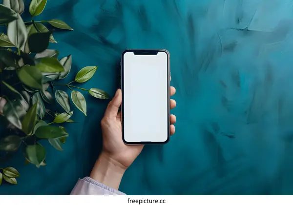 Hand Holding Smartphone With Blank Screen On Teal Background With Greenery