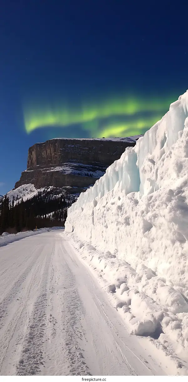 Snowy Road with Northern Lights in the Background