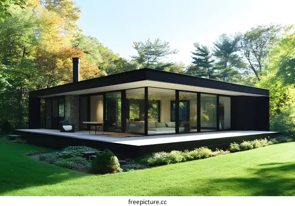 Modern Black House with Large Windows and Deck in a Forest Setting